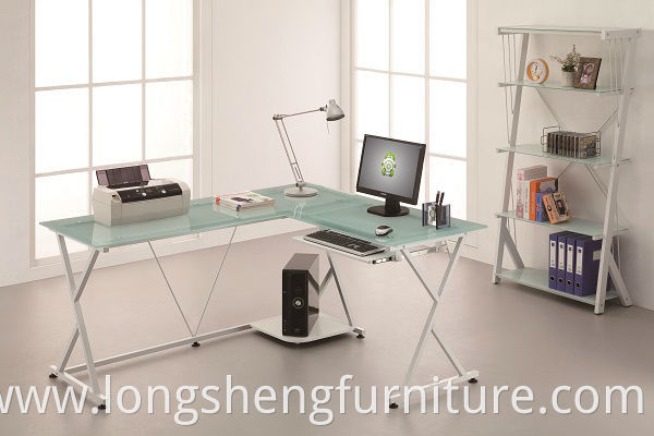 White-black L-shape office glass desktop computer desk